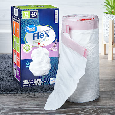 Great Value Strong Flex 13-Gallon Drawstring Tall Kitchen Trash Bags,  Lavender Fields, 40 Bags 